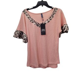 Iwollence Women  Short Sleeve Waffle Knit Leopard Print Trim Bluse Pink Medium
